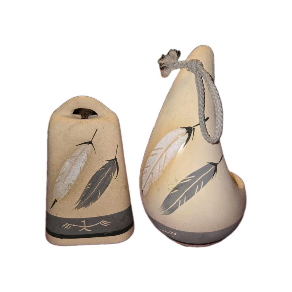 Navajo Grey Feather Pottery Bell w Matching Planter or Bird Feeder 2 Piece Set